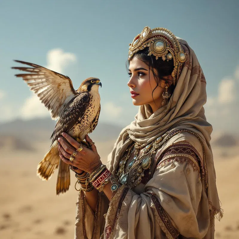 Middle Eastern woman with a pet falcon in a desert