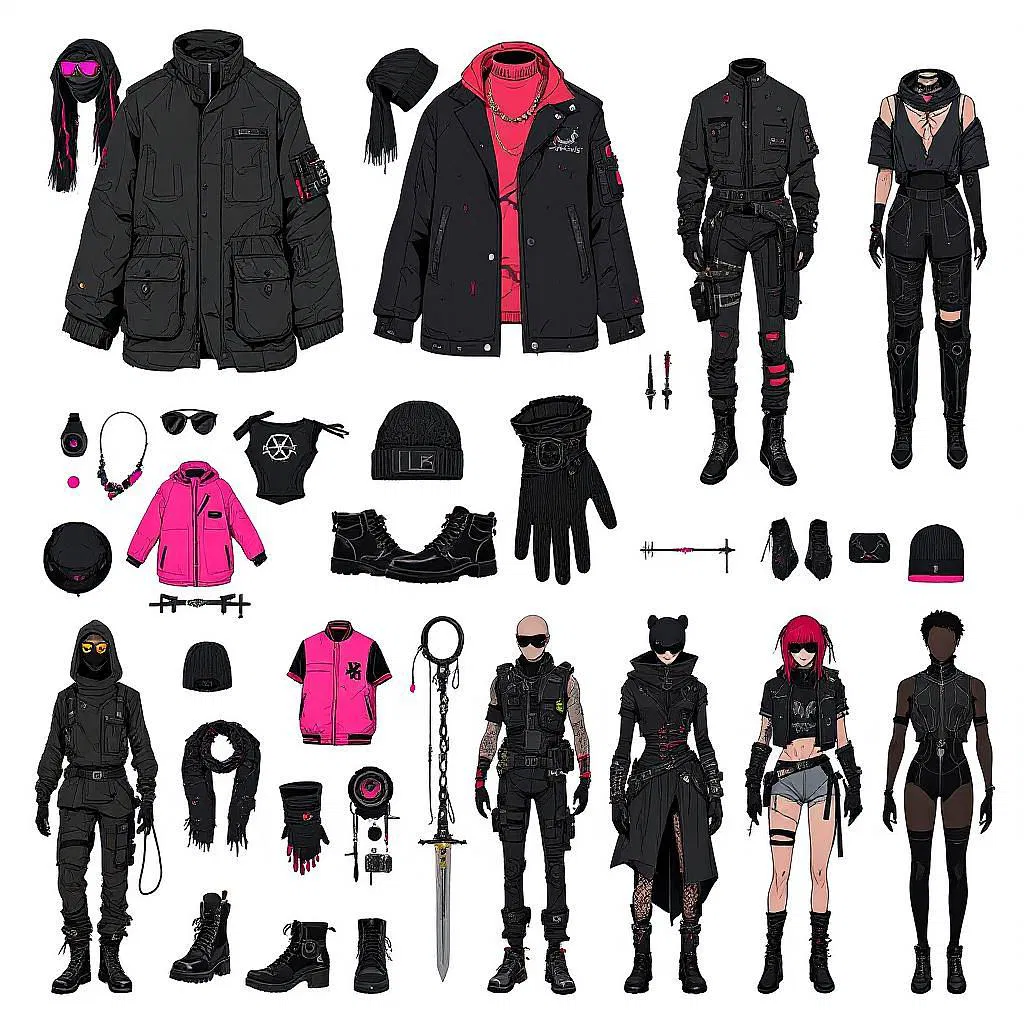 Stylized graphics of cyberpunk fashion elements.