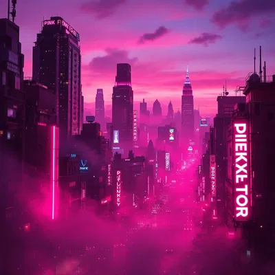 Pink fever cityscape at dusk with neon lights.