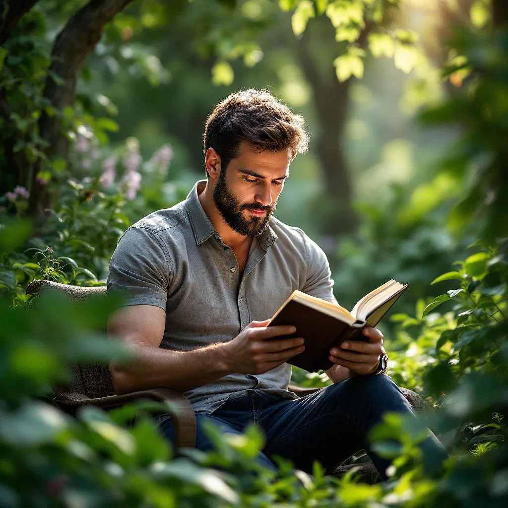 A man reading a book in a lush garden