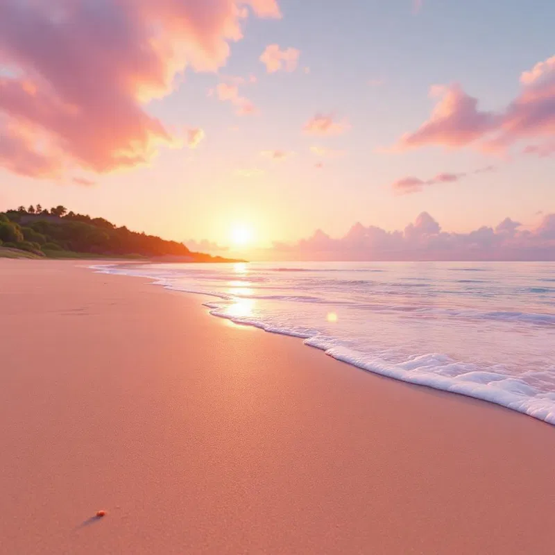 3D rendering of a tranquil beach at sunrise