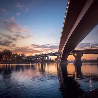 Modern bridge structure over a river, created by AI