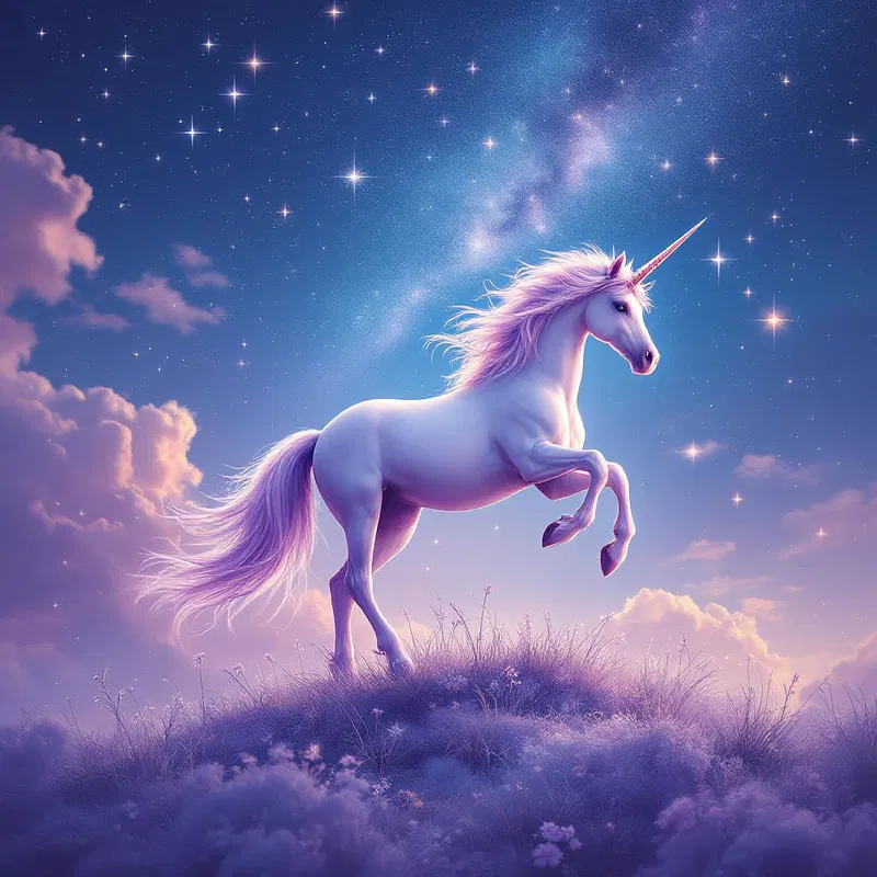 Postcrest labeled unicorn art image showcasing a unicorn under a starlit sky.