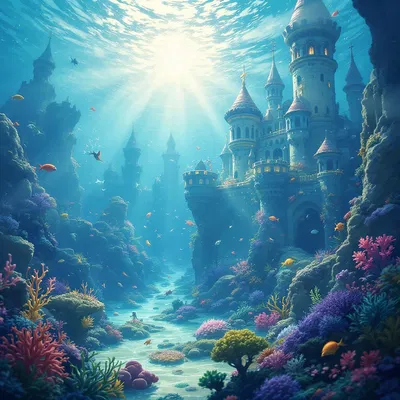 Underwater kingdom with mermaids