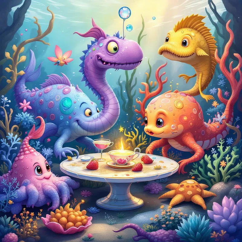 Whimsical underwater tea party with sea creatures