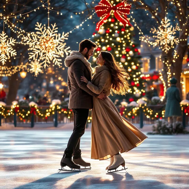 Couple ice skating in festive rink