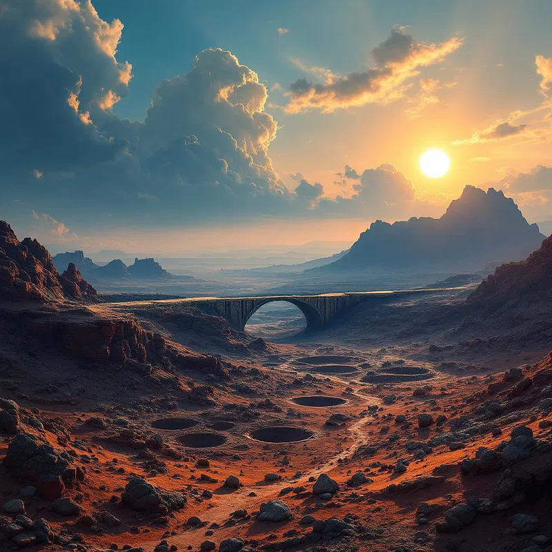 Martian landscape with sky bridge