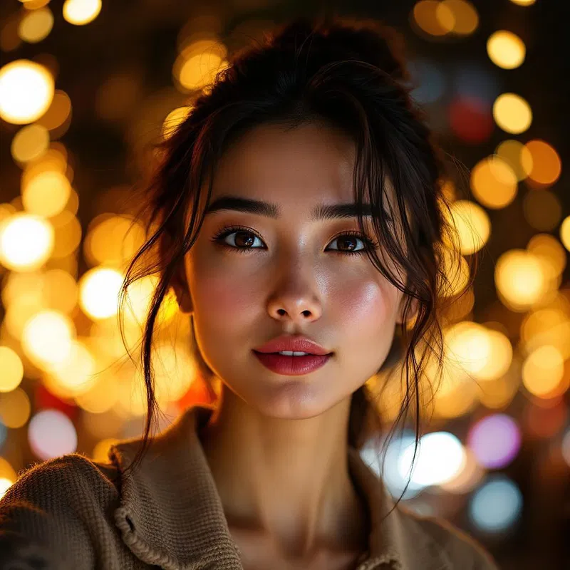 A portrait-style AI selfie with bokeh background lights.