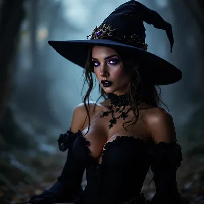 Sexy witch in a black outfit with hat