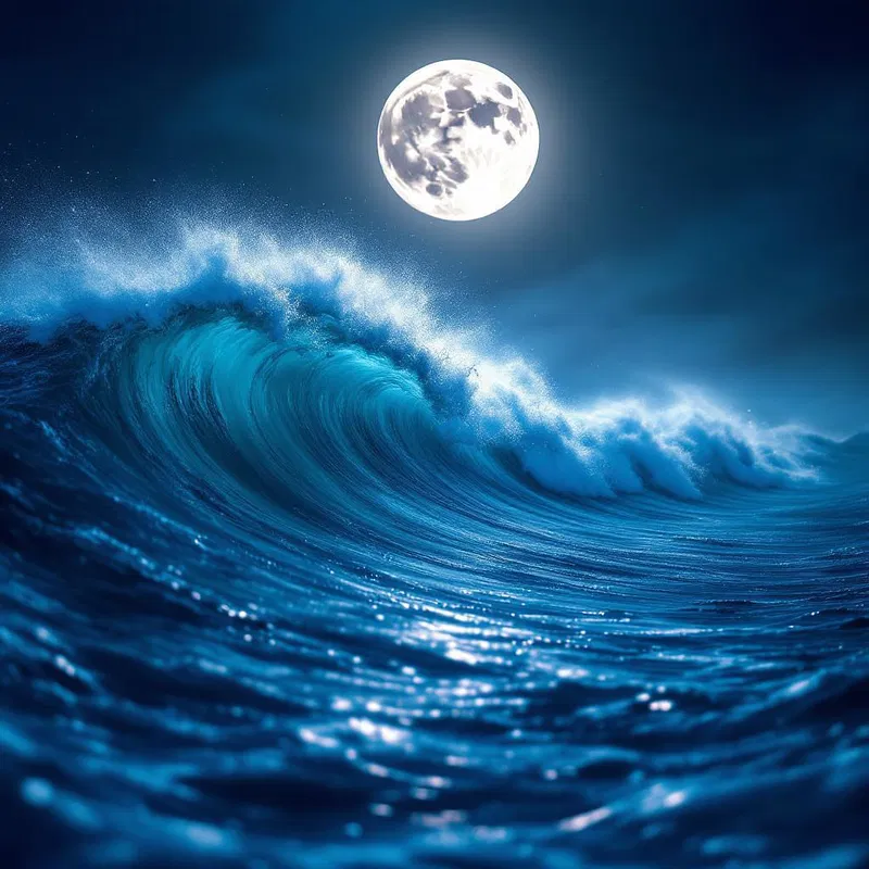 Mystical ocean wave reflecting a full moon