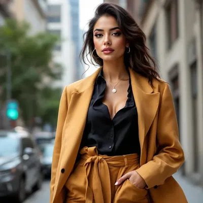 Sophisticated Latina lady in chic outfit with urban background