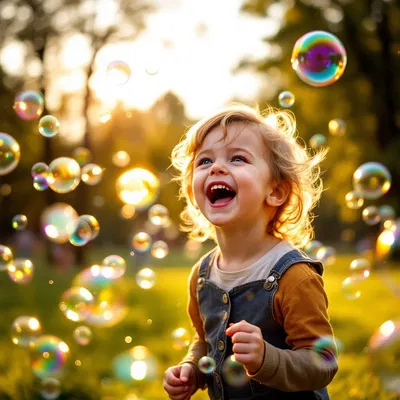 Playful child surrounded by bubbles