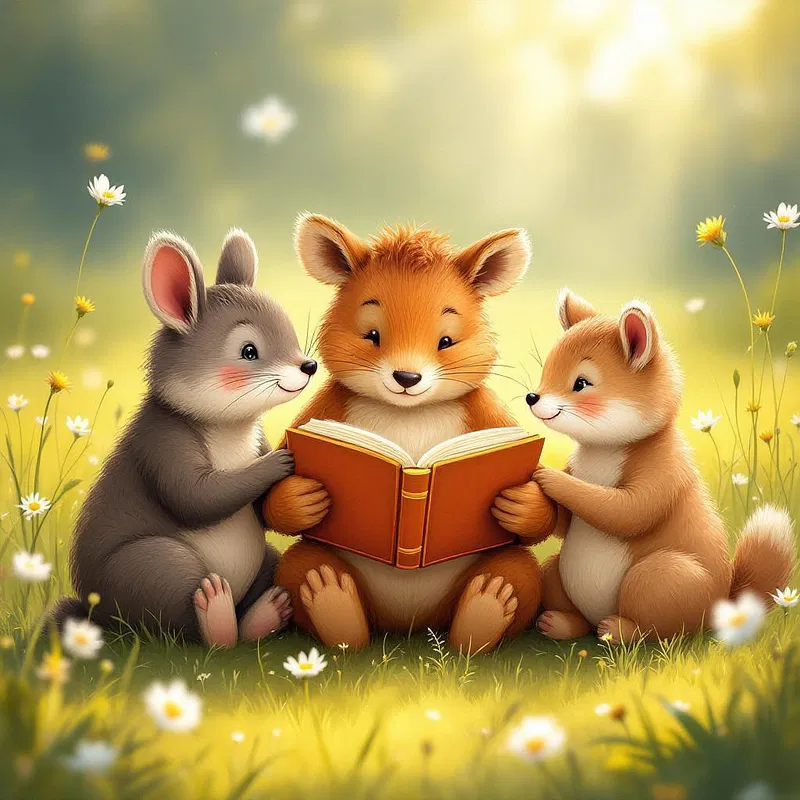 Sunlit meadow with animals reading books