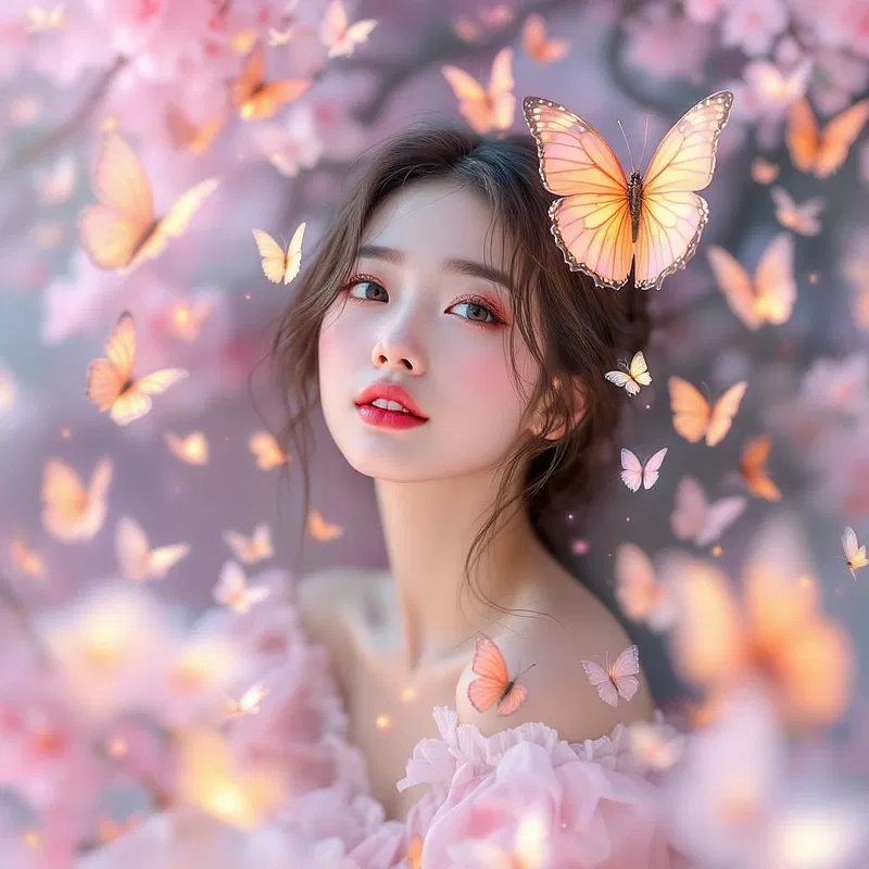 Whimsical image of an Asian woman with butterflies