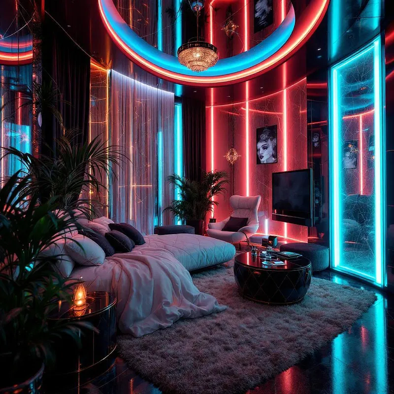 Futuristic bedroom with glowing decor