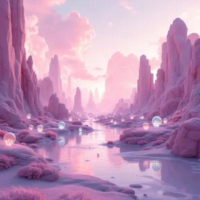 Ethereal landscape with pink skies and translucent creatures.