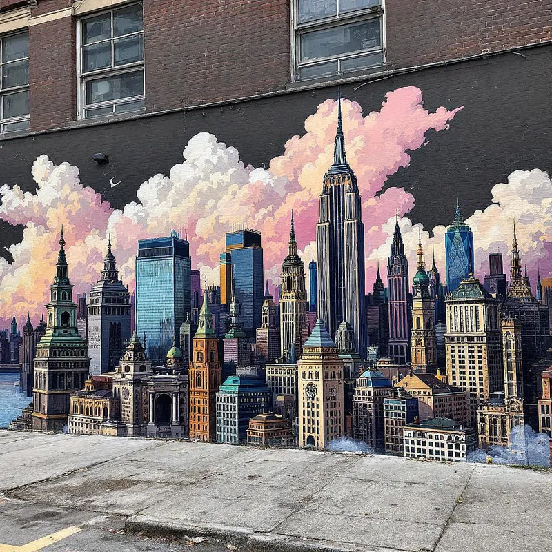 AI-generated street art of iconic city skyline