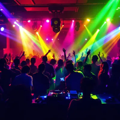 AI-generated image of a dance club with colorful lights