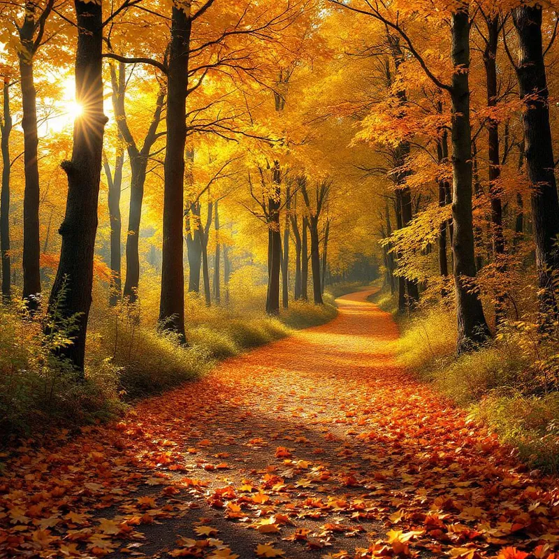 Golden autumn forest path with sunlight