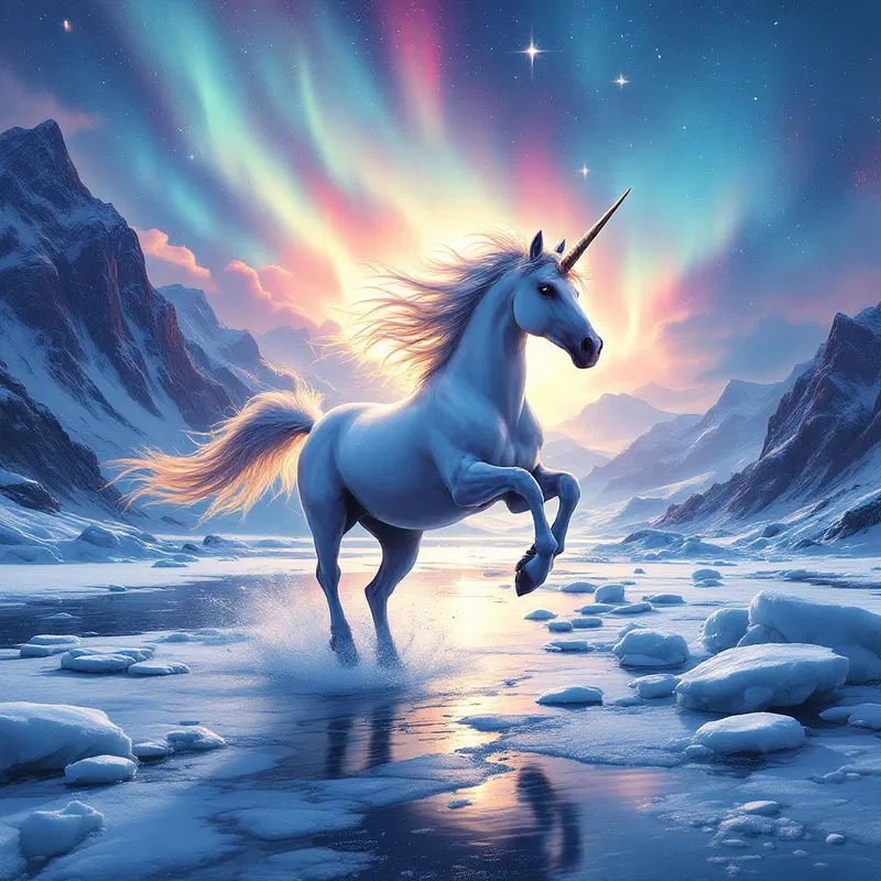 A unicorn galloping through an icy landscape under the northern lights.