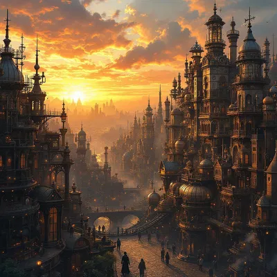 Steampunk cityscape at sunrise