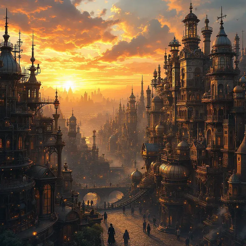 Steampunk cityscape at sunrise