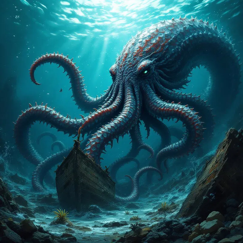 A kraken submerging into the deep sea, surrounded by shipwrecks.