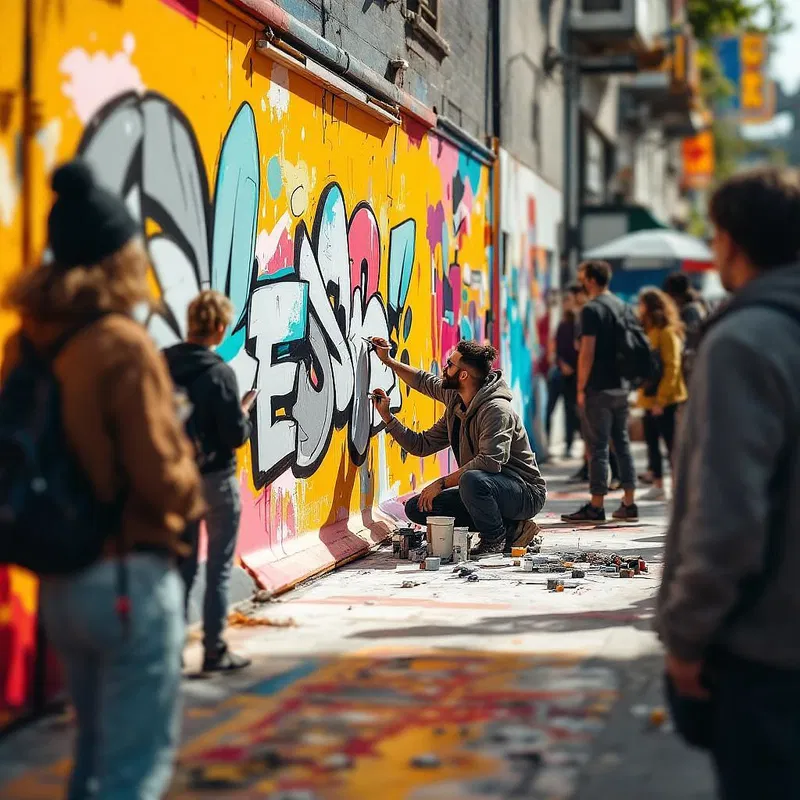 AI-generated photo of street artist painting mural with onlookers