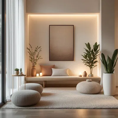 Tranquil AI-designed meditation corner with zen elements.