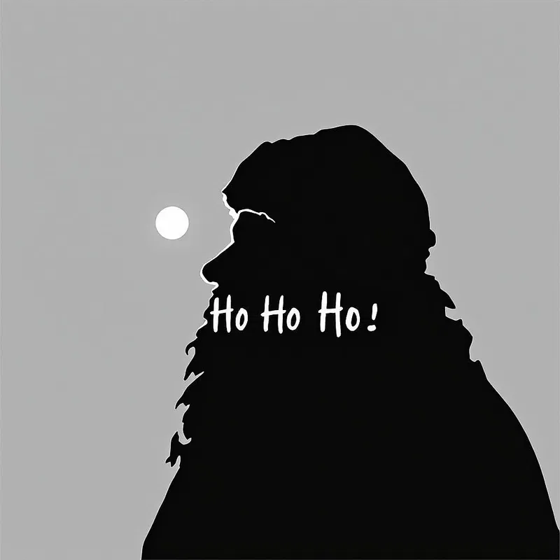 Black and white Christmas card with a silhouette of Santa.