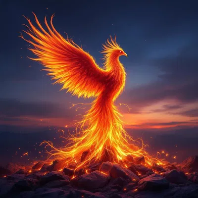 A mystical phoenix rising from its ashes.