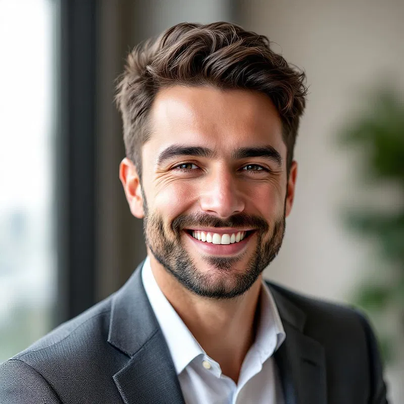 AI headshot of a smiling man with a blazer.