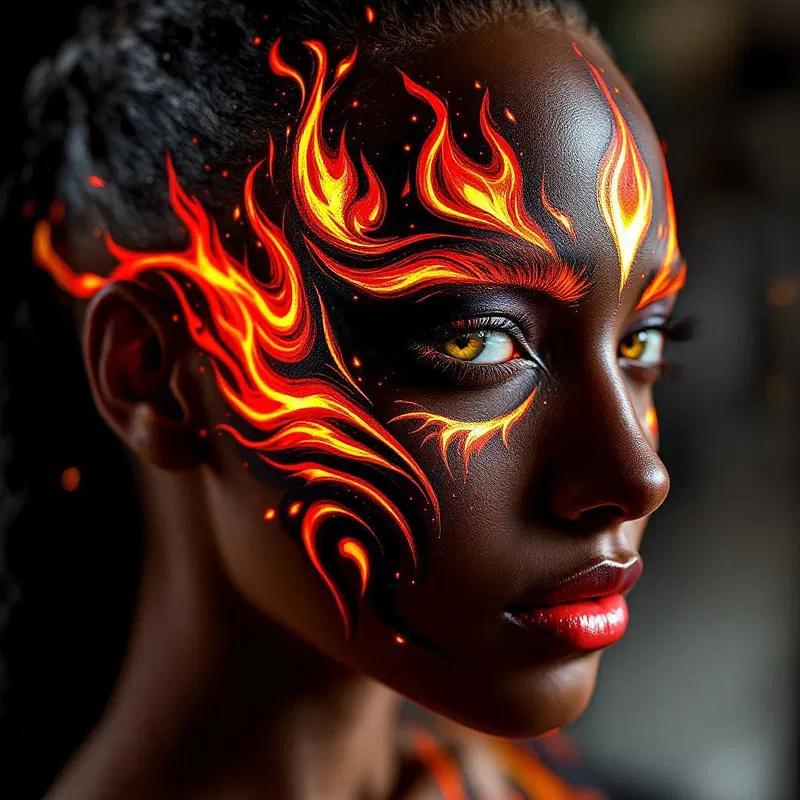 Fiery tribal face art with flame motifs