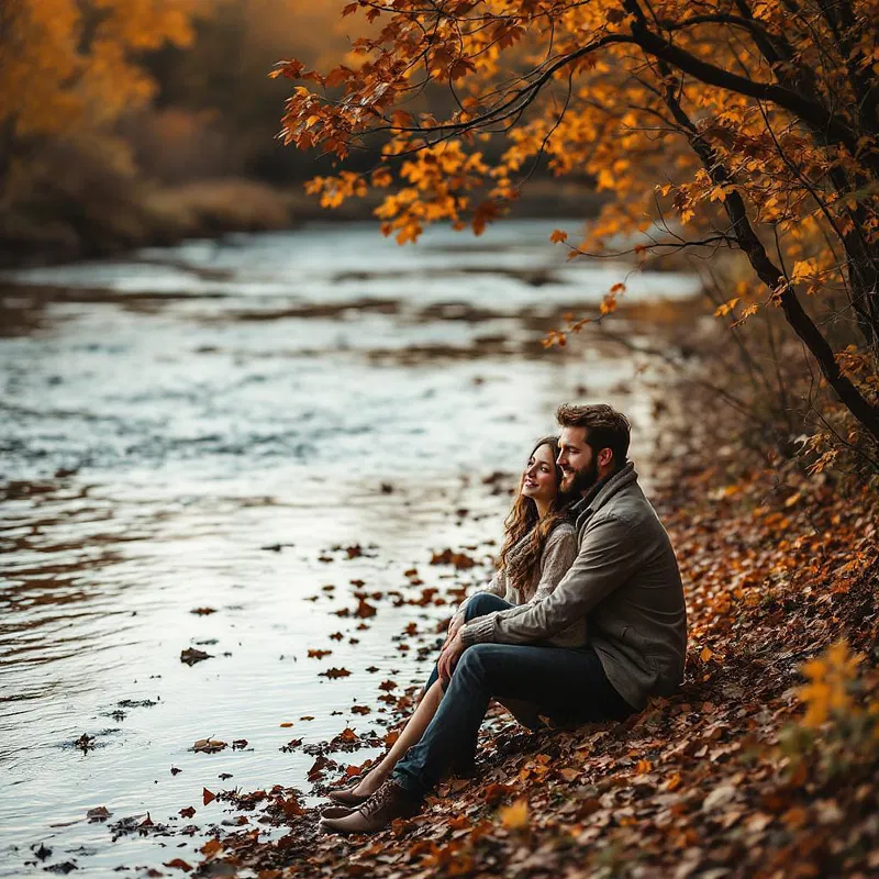 Couple sitting by a riverside during autumn