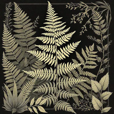 Vintage-inspired botanical drawing of ferns and leaves