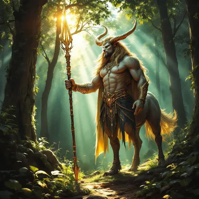 A powerful centaur holding a spear in a forest.