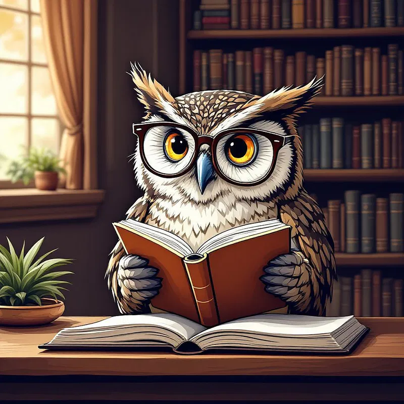 Cartoon owl wearing glasses reading a book.