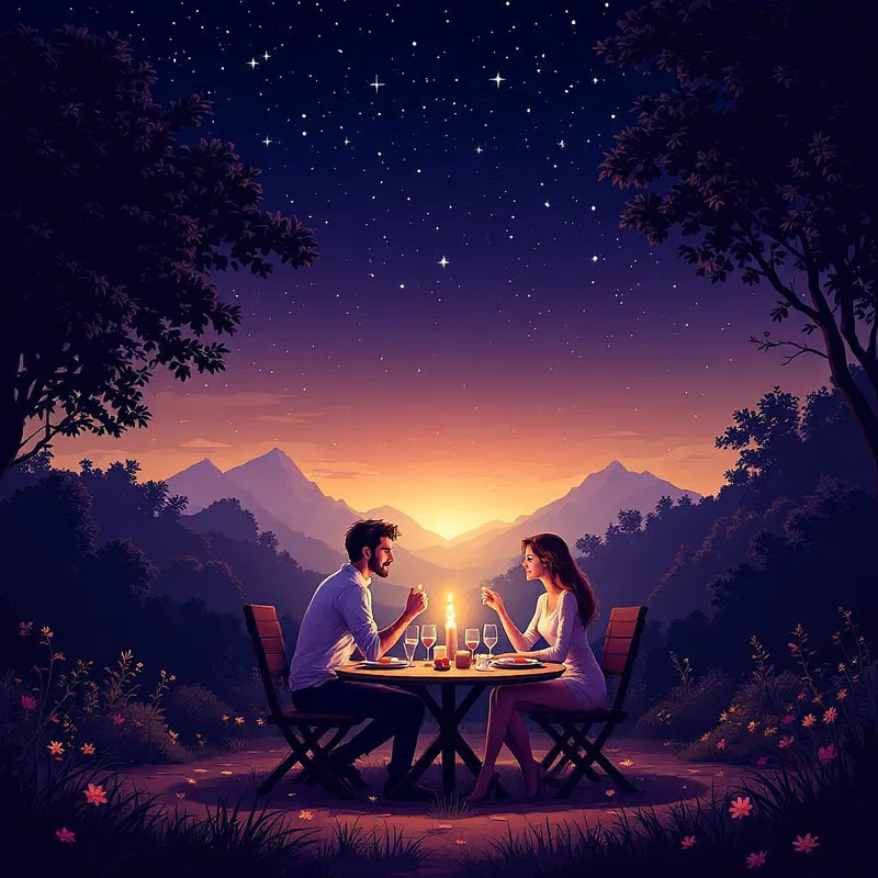 Couple having a candlelit dinner outdoors