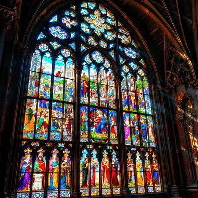 Intricate Gothic window with stained glass