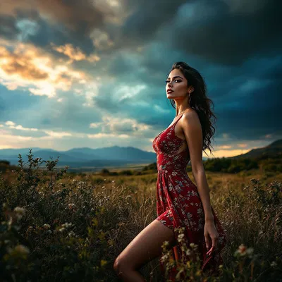 Radiant Latina in a dramatic landscape setting