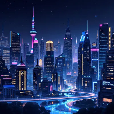 Future city skyline at night with lights.