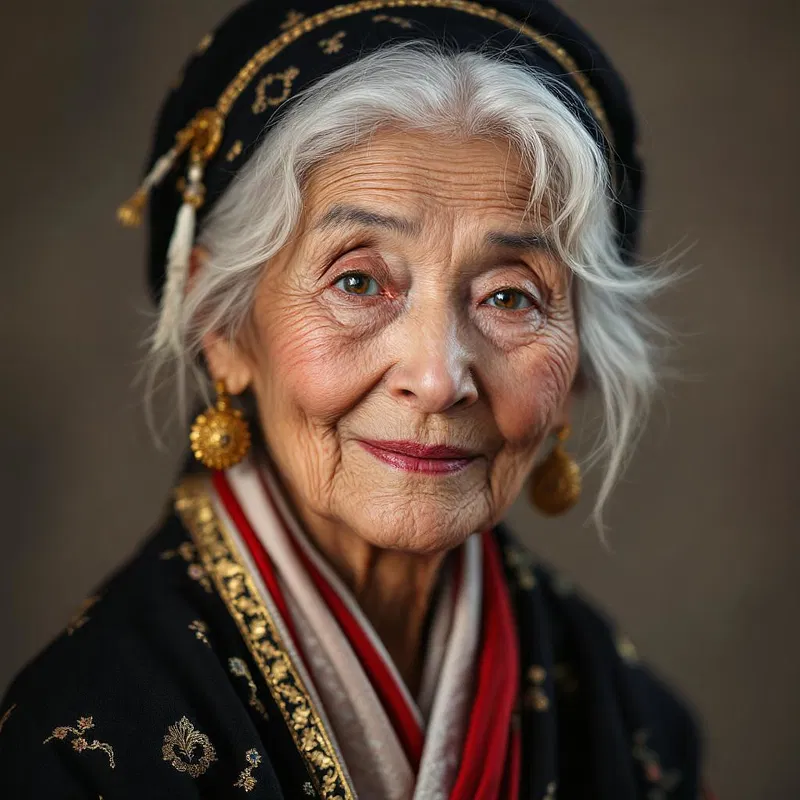 Detailed portrait of an elderly woman in traditional garb.