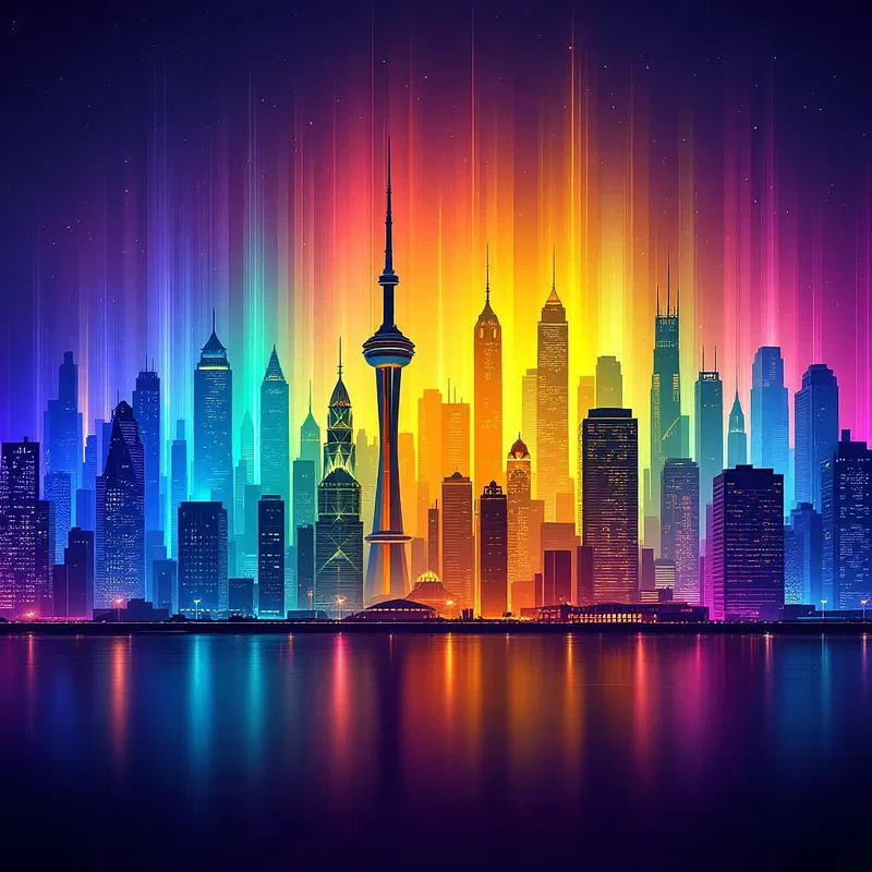 Dynamic city skyline with colorful lighting.