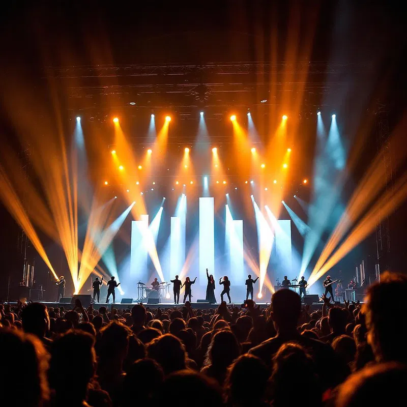 Vibrant festival stage with performers