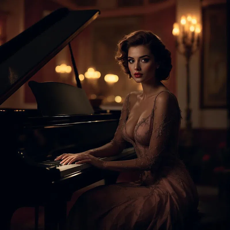 Mob wife depicted at a grand piano