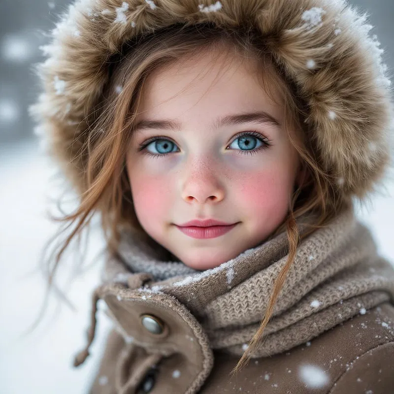 AI-generated hyperrealistic portrait of a young girl in winter attire.