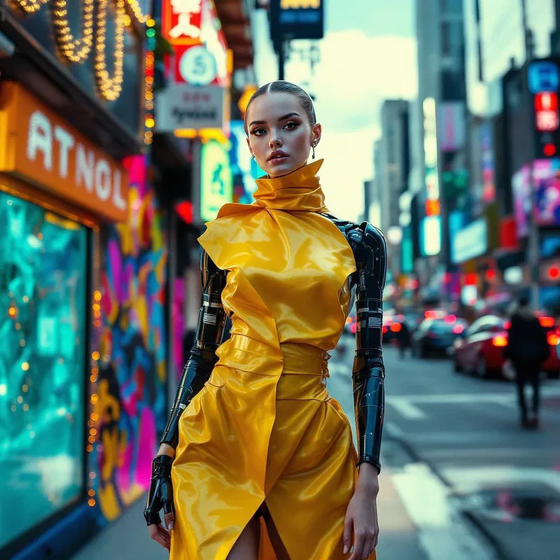 AI model in high-fashion pose against urban backdrop