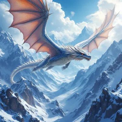 A majestic fire-breathing dragon flying over mountains.