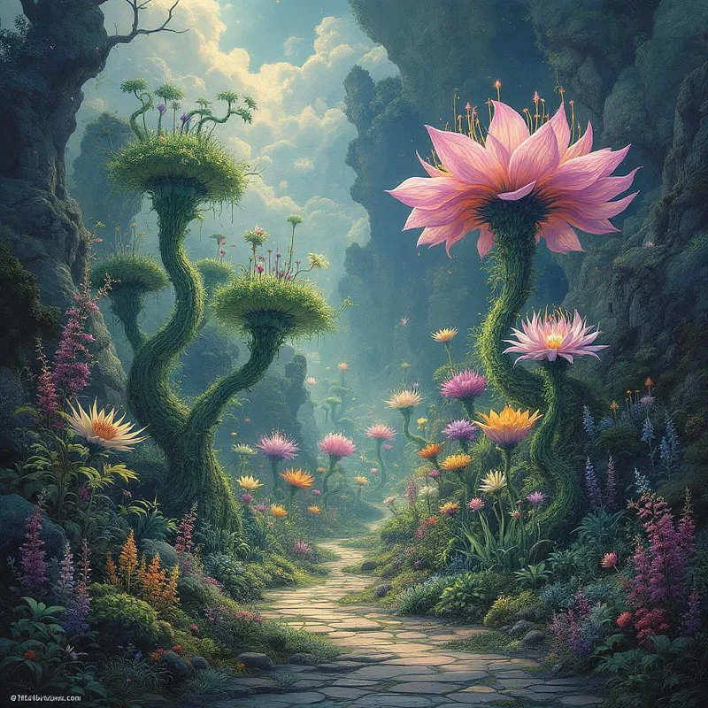 Fantasy art featuring magical plants and surreal landscapes