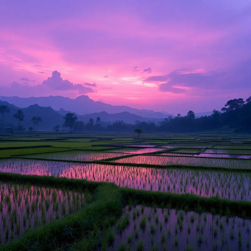 A serene rice terrace during twilight